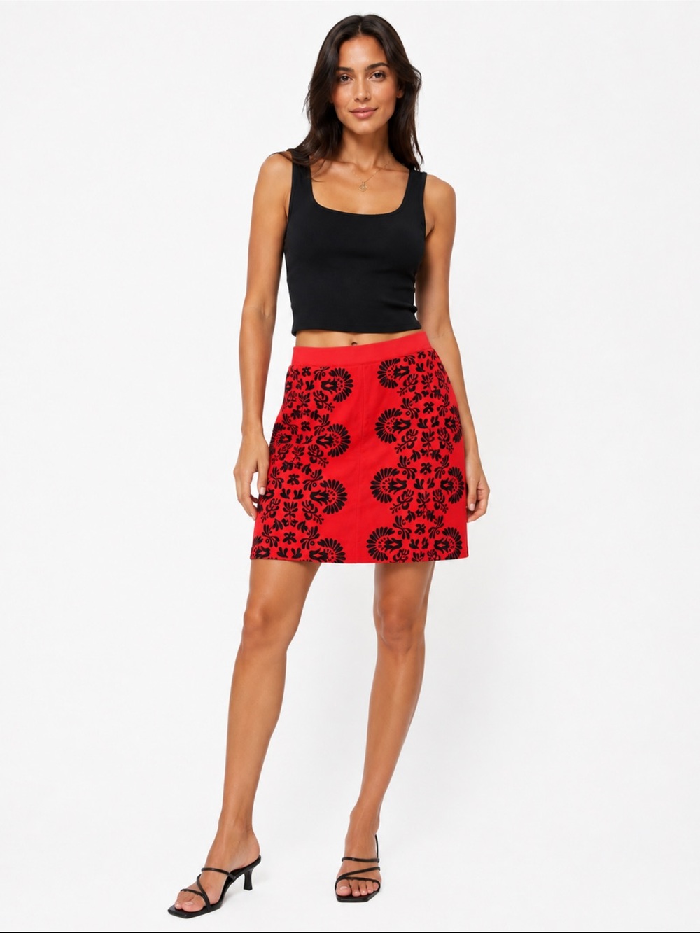 Lemon Way Red & Navy Floral Print Skort Size Medium Stretch Pull-On Mini Skirt